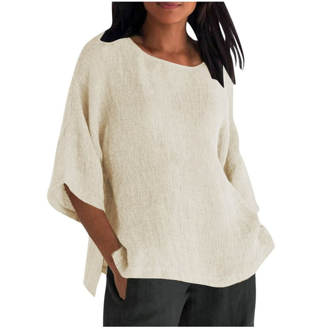 Camisas de Algodón de Manga Larga para las Mujeres Cuello Botón Camisa de Bolsillo Chaqueta, Mezcla de Lino Casual Camiseta para el Hogar Y Diario