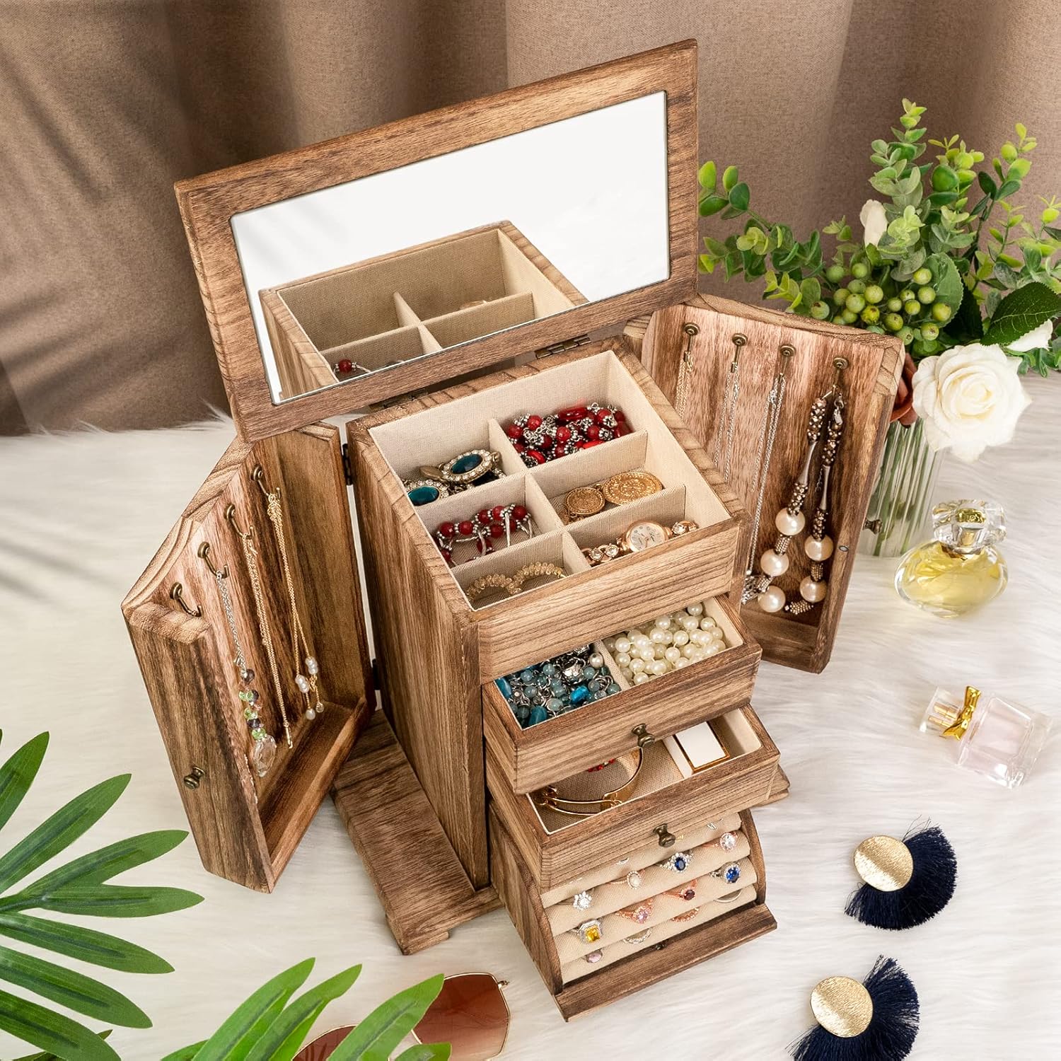 Sfugno 4-Tier Wooden Jewelry Box Organizer with Mirror photo 4