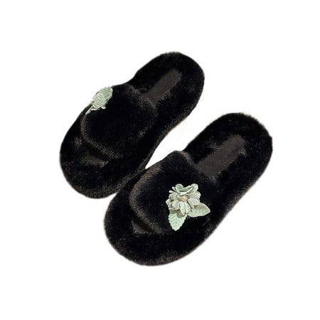 

Oucaili Ladies Casual Flower Plush Slipper Indoor Fuzzy Slippers Breathable Non-slip Black 7.5