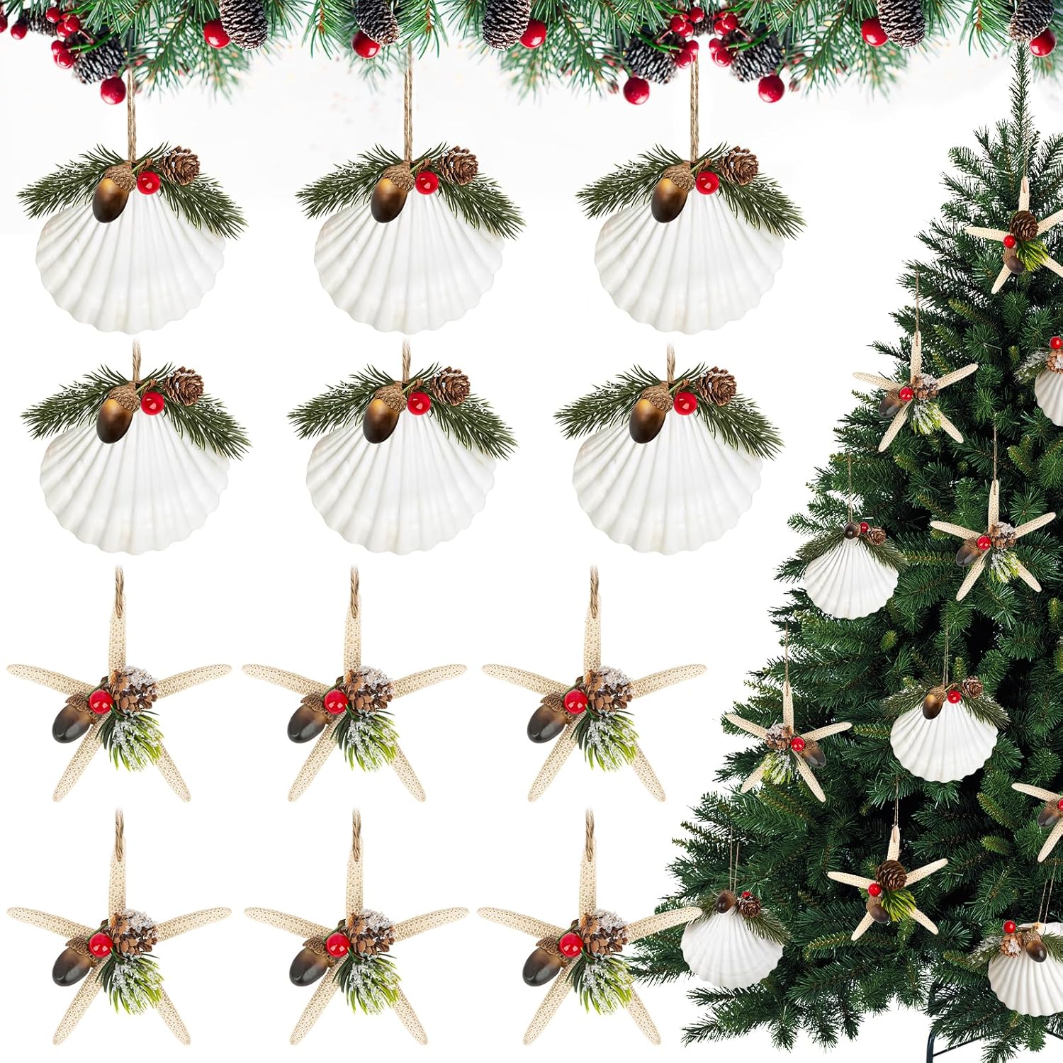Sinkoo Seashells Starfish Christmas Tree Ornaments, 12pcs Handmade Natural Sea Shells Starfish Crafts with Pinecones, Beach Nautical Coastal Christmas Ornaments