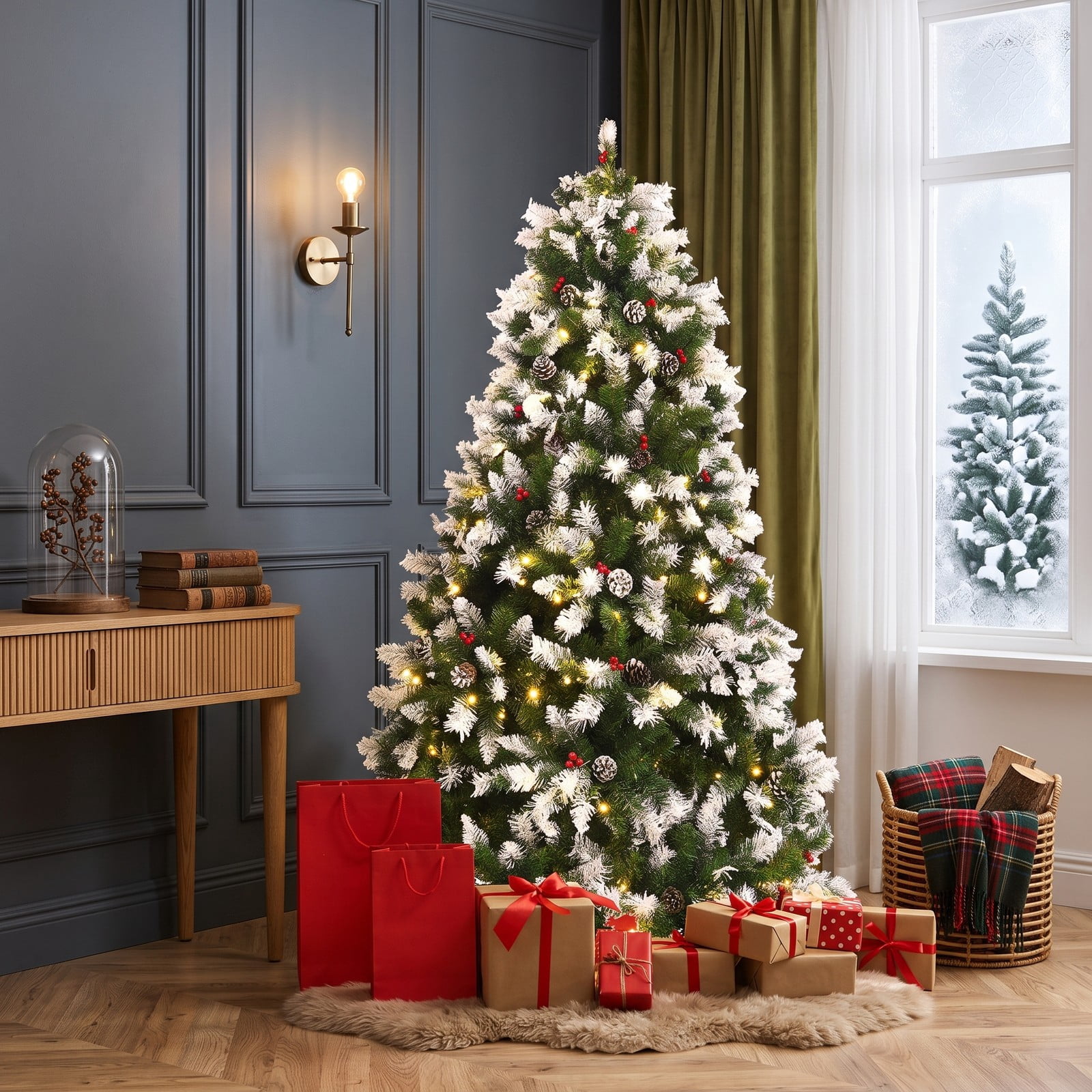 RUIE 6 ft Pre-Lit Snow Flocked Artificial Christmas Tree with Red Berries, Pinecones and 250 Warm White LED Lights, Hinged Full Xmas Tree with Metal Stand for, Green