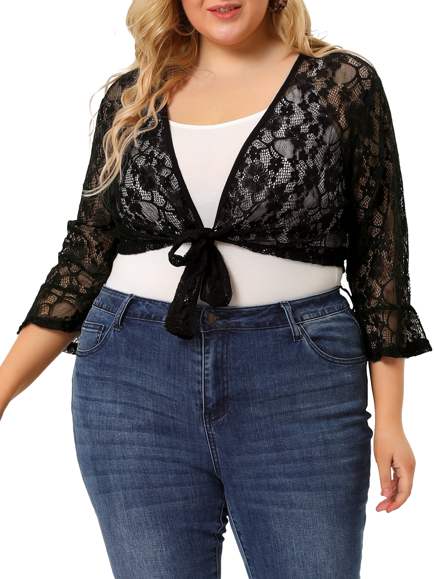 Agnes Orinda Women's Plus Size Bolero Tie Front Hollow Out Lace Crop ...