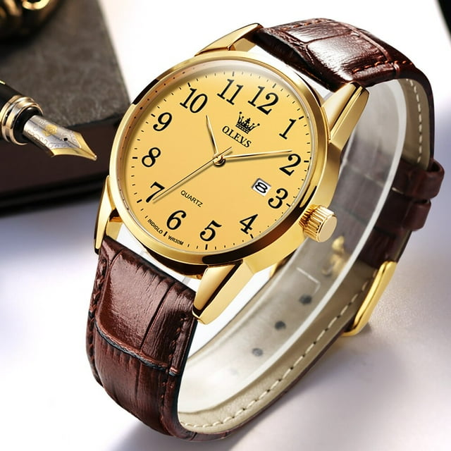 OLEVS Classic Quartz Watch for Men Brown Leather Strap Watch With Date Feature Digital Dial Waterproof Business Man Wristwatch