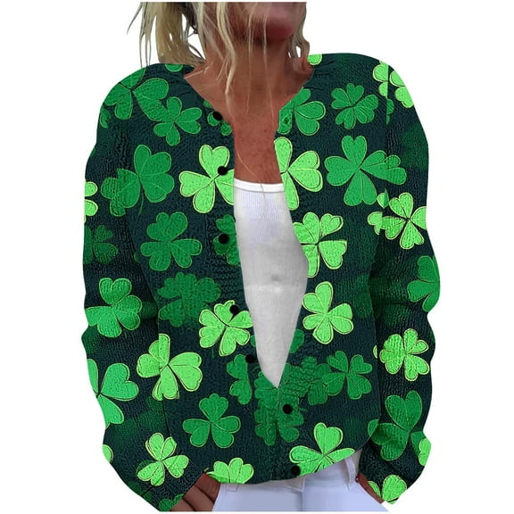 Oksale Womens St.Patrick's Day Sweater Cardigan Plus Size Button Down Festival Sweaters Cute Print Cardigans Long Sleeve Outerwear Fall Fashion Knitwear 2025 Green M
