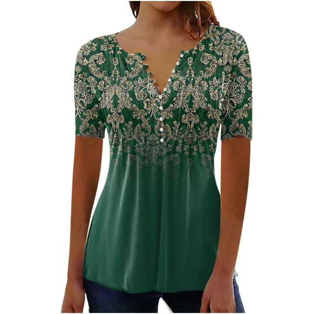 Pompotops Femmes Mode Décontractée Imprimé Col Rond Ample Manches Courtes T-shirt Haut Blouse Chandail Liquidation