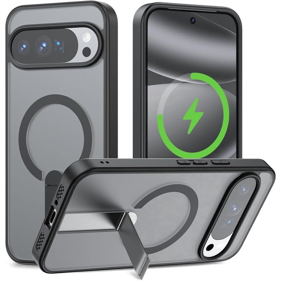 for Google Pixel 9 Pro XL Case,Magnetic Wireless Charging,Invisible Adjustable Kickstand,Military Grade Protection Clear Matte Cover for Pixel 10 Pro XL 6.8"(Black)