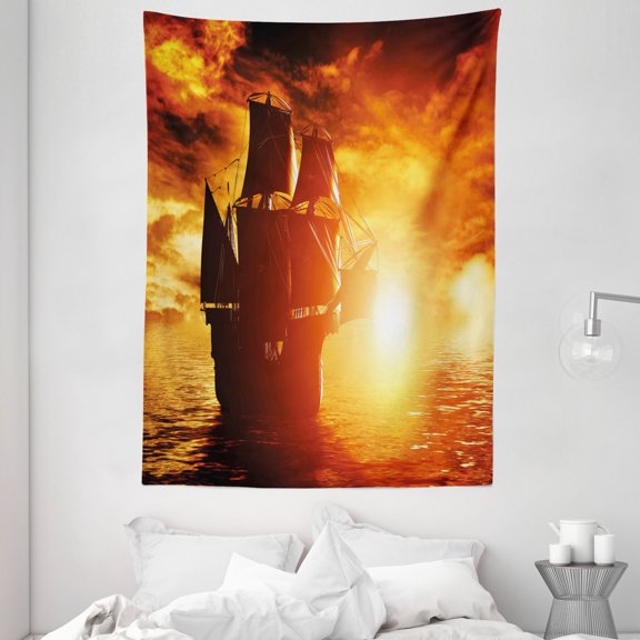 Pirate Ship Tapestry, Ancient Pirate Ship Sailing on the Ocean at Sunset in Full Sail Print, Wall Hanging for Bedroom Living Room Dorm Decor, 60W X 80L Inches, Orange Yellow Black, by Ambesonne