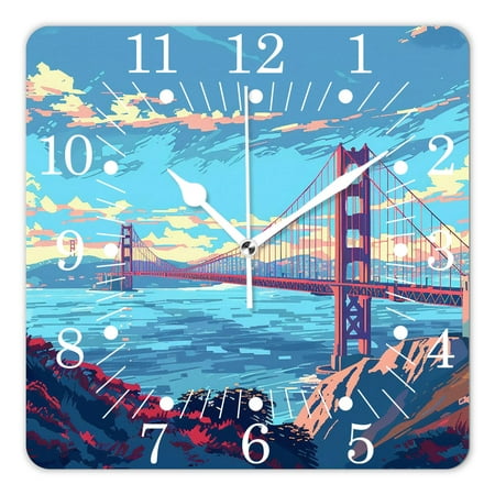 14 Inch Wall Clock Battery Operated Square Clock for Office, Kitchen, Outdoor, Living Room,New York City Bridge Sunset Cityscape Charming