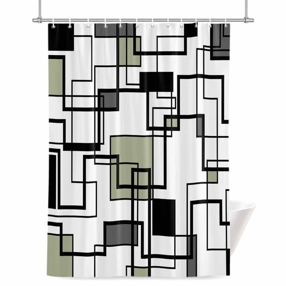 Sage Green Black Gray Shower Curtain, Abstract Geometric Stripes Squares Waterproof Shower Curtain Set with 12 Hooks Lightweight Bath Curtains Fabric Bathroom Decor 72x72 Inches