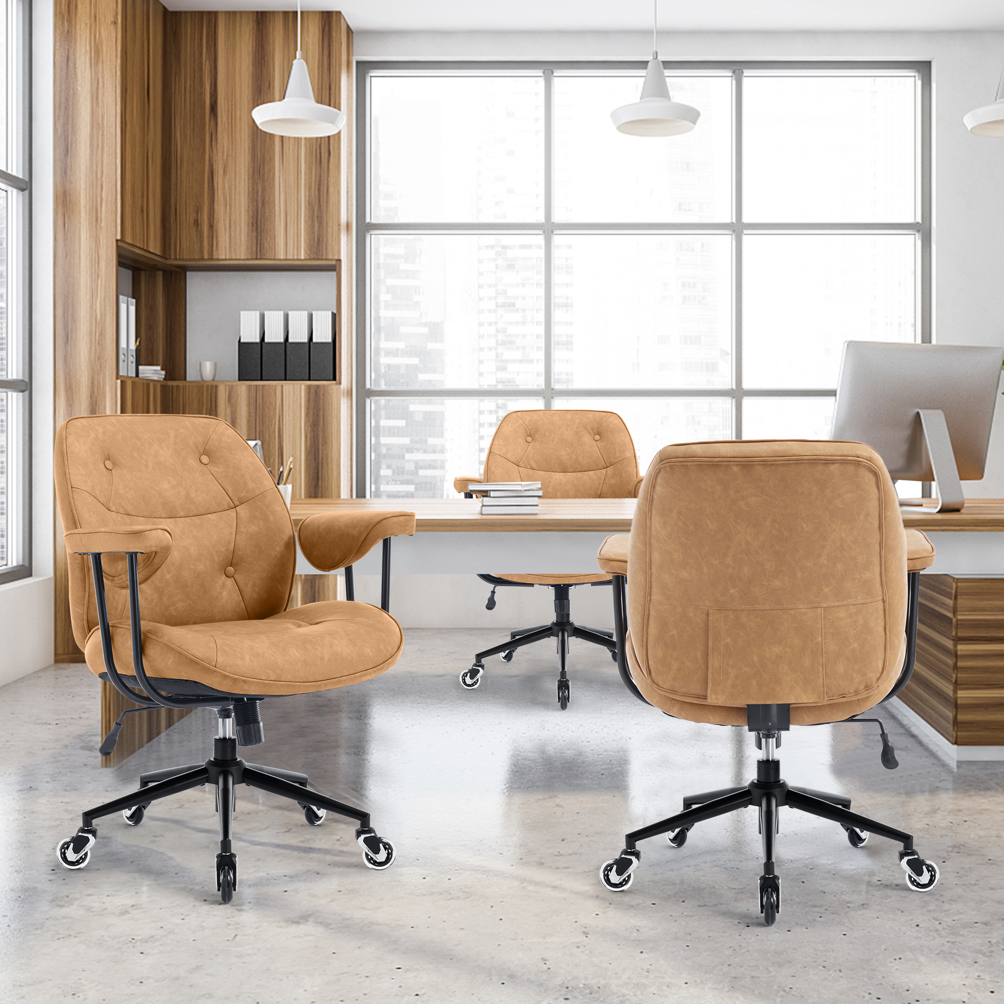 Mid Century Modern Office Desk Chair with Wheels and Arms, Mid Back Ergonomic Office Chair with Lumbar Support, Swivel Leather Computer Desk Chair for All Day Comfort