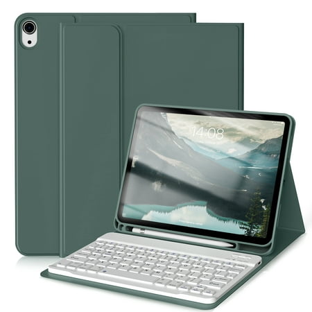 KenKe Keyboard Case for iPad 10th 10.9 Generation inch with Pencil Holder 2022,Soft TPU Back Stand Cover with Magnetically Detachable Wireless Keyboard for Apple iPad 10th Gen 10.9 inch-Dark Green