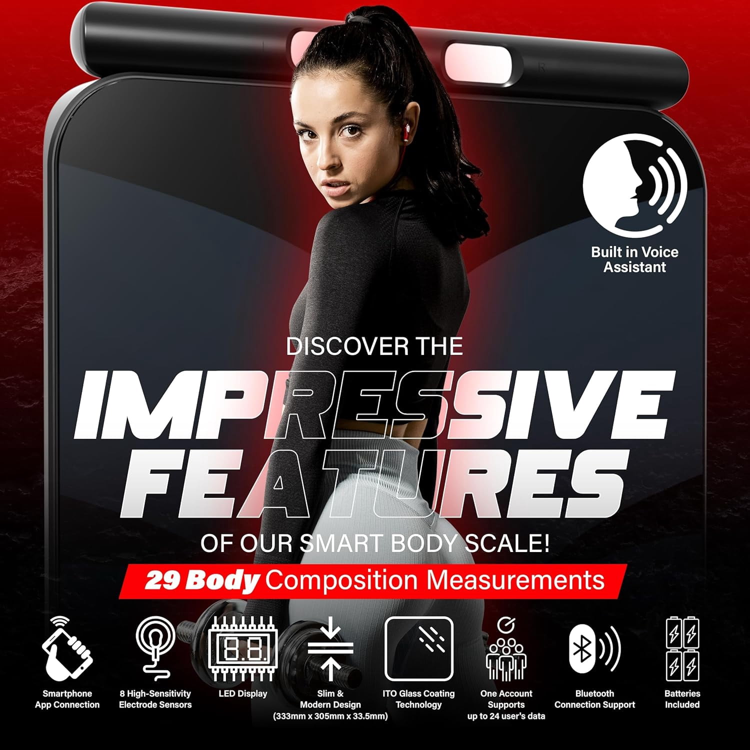 Bisonbody Smart Digital Body Scale – 29 Health Metrics – for Advanced Fitness Enthusiasts – Durable Tempered Glass – 8 High Sensitivity Electrodes Sensors – Smartphone App Connection