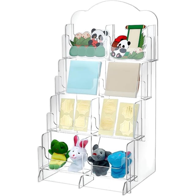 Exhibidor de pegatinas acrílico de 4 niveles, soporte transparente para tarjetas coleccionables, organizador de pegatinas, estante organizador para stands de vendedores con 8 compartimentos.