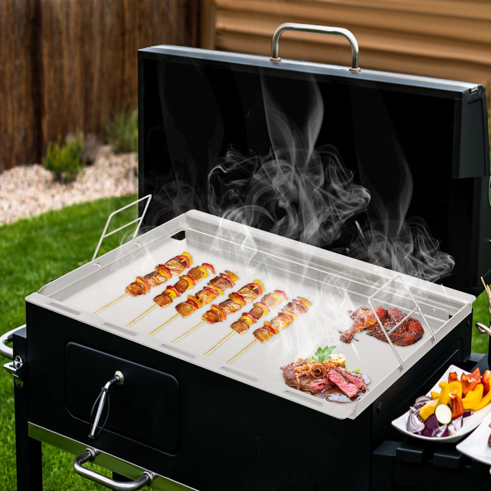 ToppiJoy 25" x 19" Rectangular Stainless Steel Cooking Griddle for Outdoor Gas Grill, Universal Flat Top Cooking Griddle with Removable Handles for Gas Grill/Charcoal/BBQ Stove Top