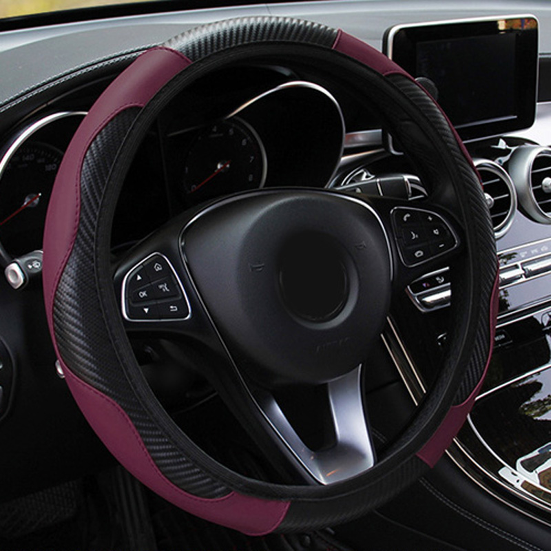 38CM Wine Red Car Steering Wheel Cover Fashion Carbon Fiber Leather