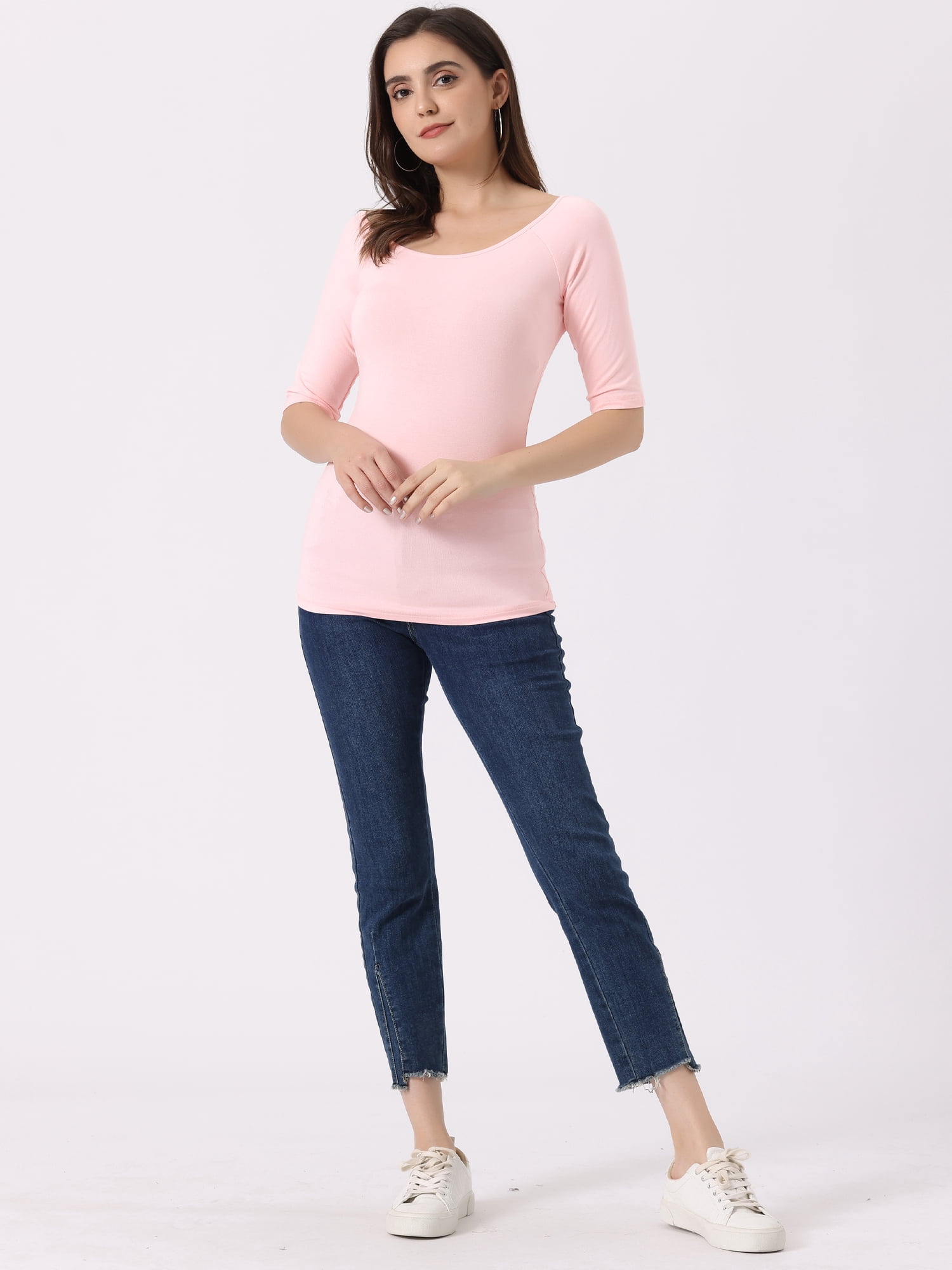 DARING DIVA Women's Slim Fit Pullover Boat Neck Stretchable T-Shirt XS Light Pink