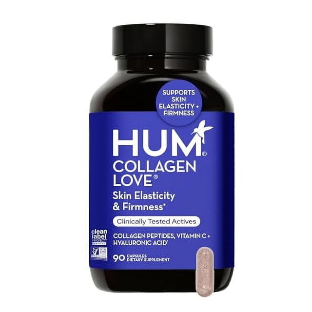 suplemento para la piel hum collagen love - péptidos de colágeno con ácido hialurónico y vitamina c, apoya la piel firme y ayuda a minimizar los signos de envejecimiento - frasco frontal negro con etiqueta azul que muestra 'HUM COLLAGEN LOVE' y la leyenda 'Skin Elasticity & Firmness', tapa negra y una cápsula rosada junto al envase. Además, a menudo se usa como complemento de viaje para mantener la rutina diaria de suplementos.