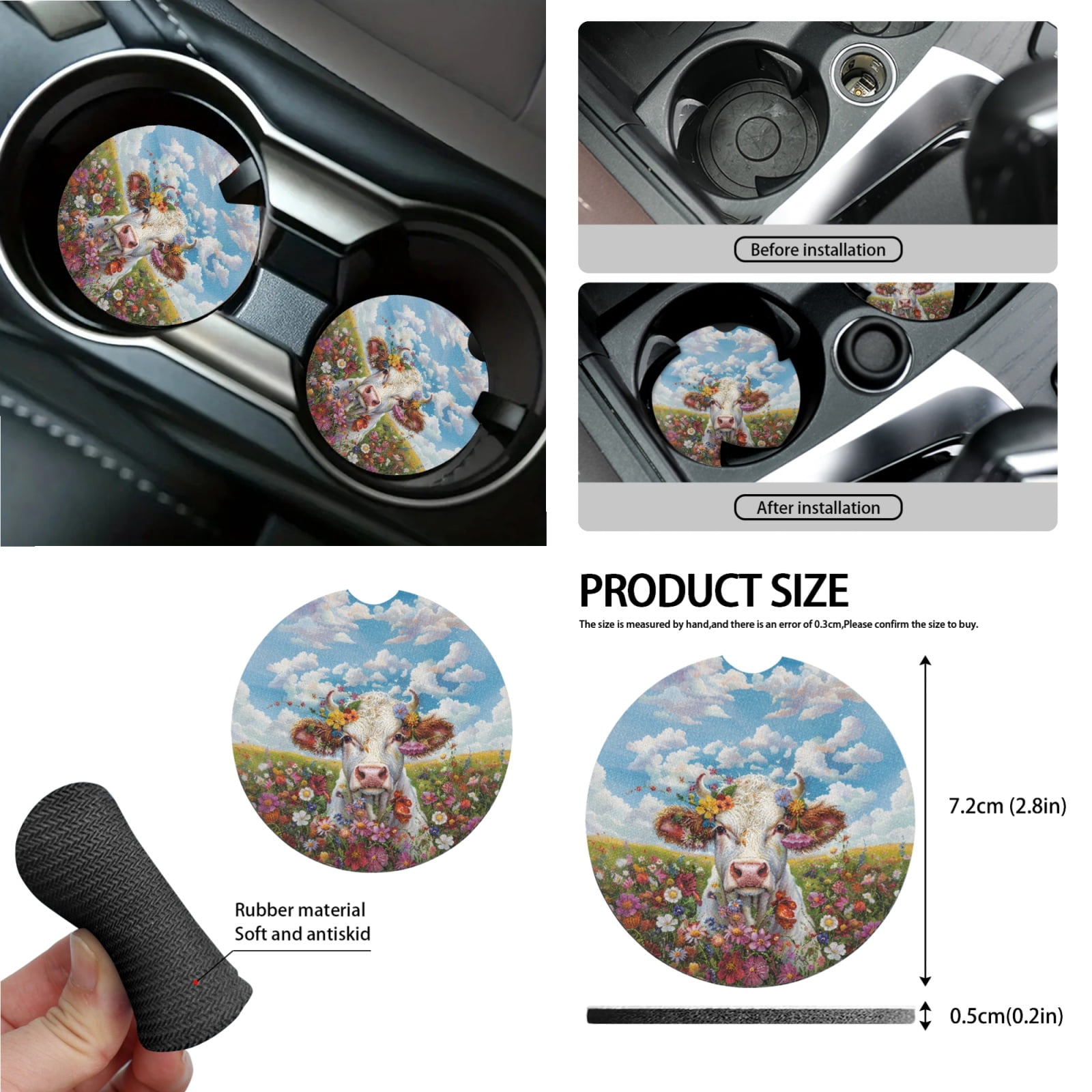 Garronmavis Aesthetic Flower Cow Universal Fit Car Seat Cover Full Set 15 Pieces Wristlet Strap 4 Pcs Seat Belt Car Trash Bag Car Pouch Organizer Interior Rearview Mirrors Protective Cover Cup Mats