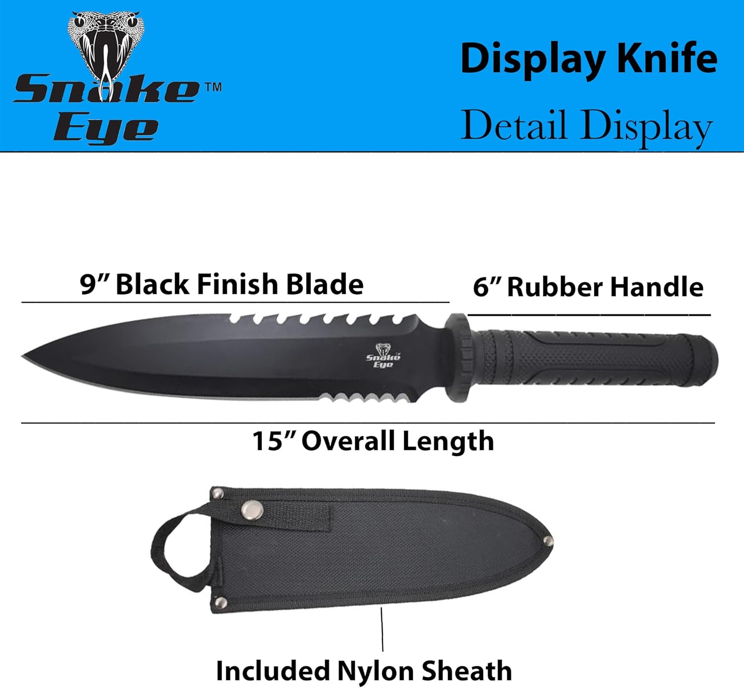Snake Eye Tactical 15" Fixed Blade Hunting Knife - 9" Half Serrated Sawback Stainless Steel Blade w/ Nylon Sheath