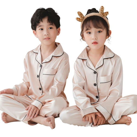 Beautyzll 2PCS Kids Girls Boys Satin Pajamas Sets Toddler Long Sleeve Silk Loungewear Clothes Outfits Soft Button-Down Pjs Nightwear for 3-14Y