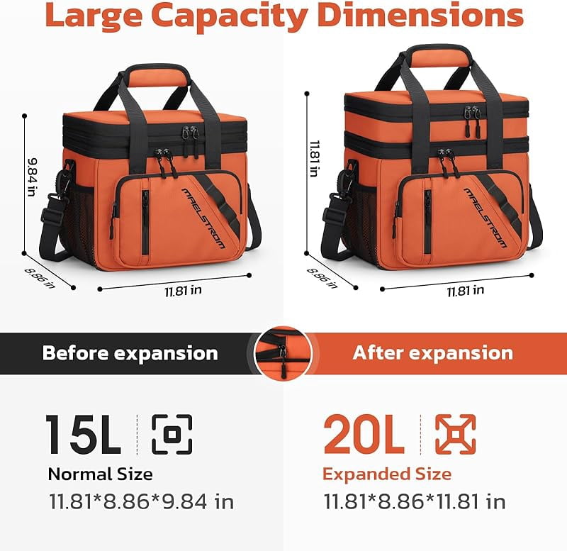 Maelstrom Lunch Box, 20L Insulated Lunch Bag for Men Women, Expandable Double Deck Leakproof Cooler Bag with 6 Pockets, Reusable Lunch Tote Bag for Work, Picnic