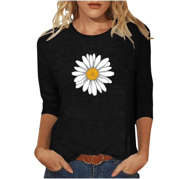 Camisetas Casuales de las Mujeres de Moda Impresa 3/4 Mangas Blusa Cuello Redondo para el Hogar Y Diario