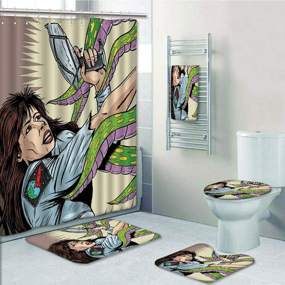 EREHome Alien Attacks Terrified Uniform Woman Human against Monster Sci Fi Discovery 5 Piece Bathroom Set Shower Curtain Bath Towel Bath Rug Contour Mat and Toilet Lid Cover
