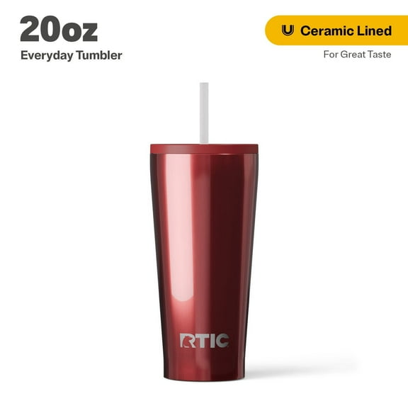 RTIC 20 oz Ceramic Lined Everyday Tumbler, Spill-Resistant Straw Lid, Black Cherry Metallic