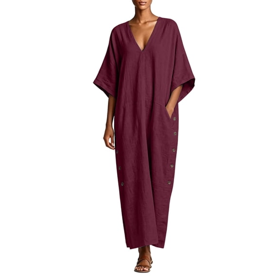 Levmjia Women's V Neck Dress Short Sleeve Solid Color Casual A Line Dress with Side Buttons Cotton Linen Blend Pockets Beach Vacation Daily Wear