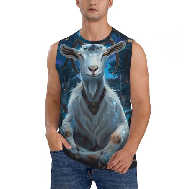 Fotbe Forest Meditating Goat Men's Camiseta sin Mangas Estampada para Hombres, Playera Casual para Gimnasio, Entrenamiento, Playa-Large