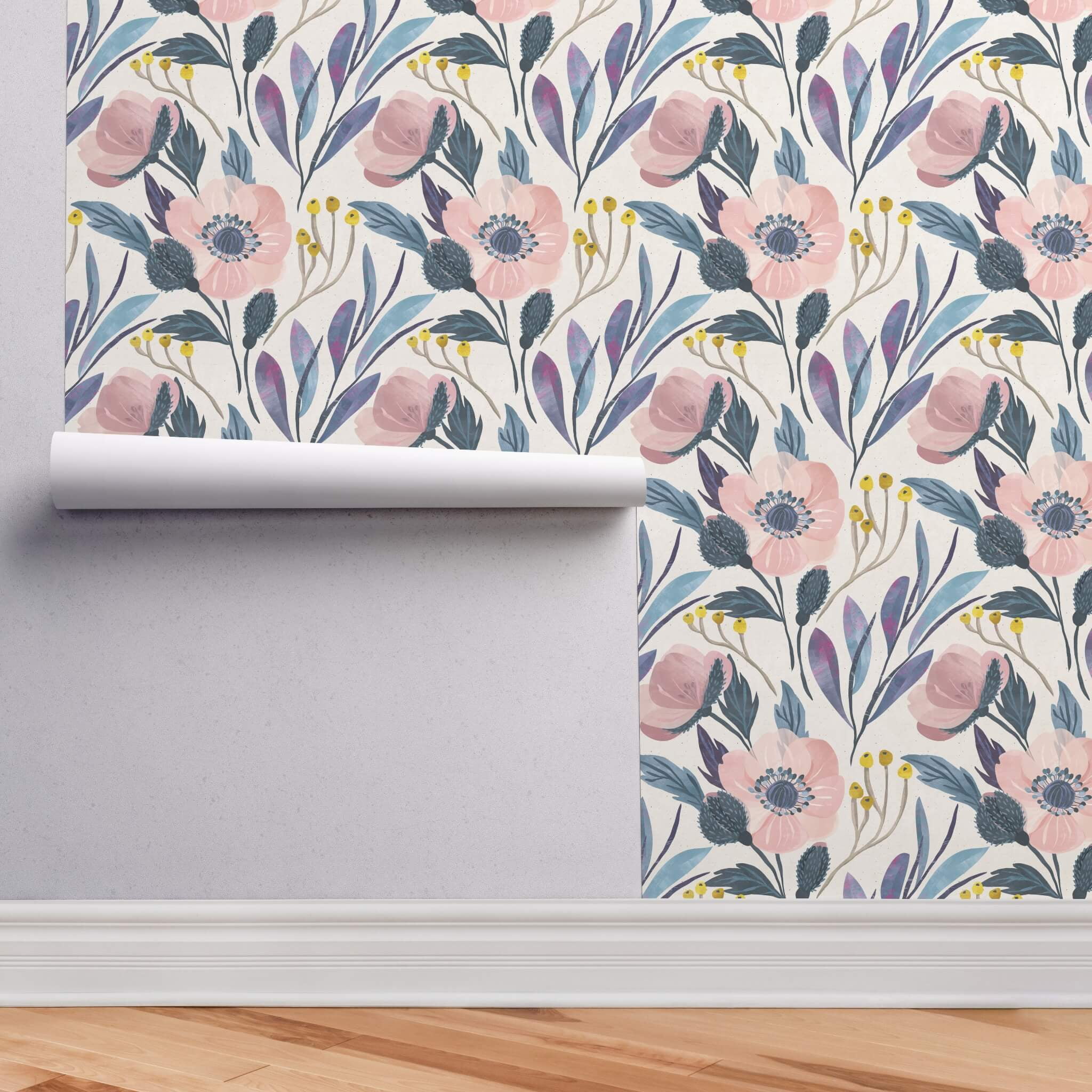 Main Street Floral 20.5 in x 16 ft Peel & Stick Self‑Adhesive Pink Wild Flower Wallpaper Roll (Covers 28.18 Sq ft)