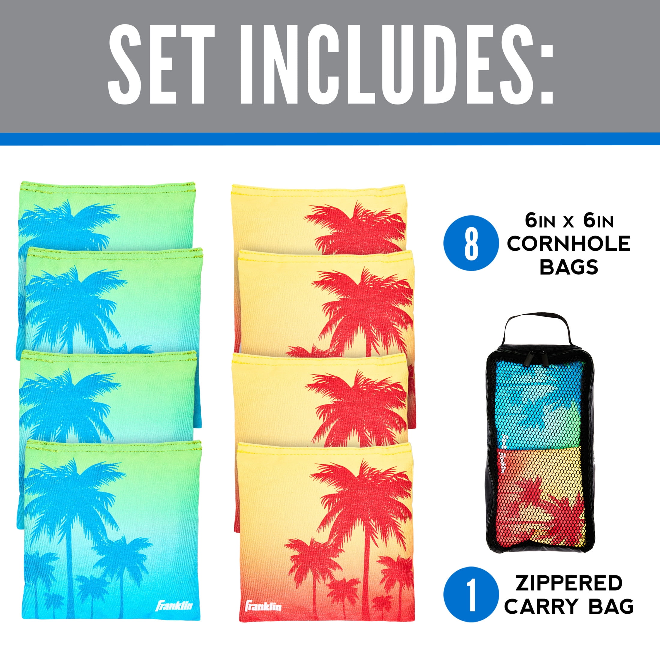 Franklin Sports Official Size Tropical Themed Cornhole Bags - (8) Premium 6" Heavy Duty Double Stitched Canvas Bags - Includes Carry Case