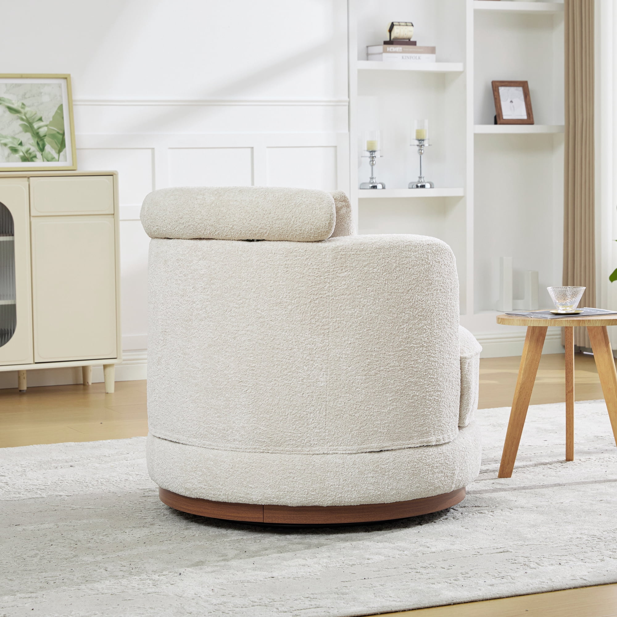 Leumius 360°Swivel Barrel Chair with 1 Plump Pillow and a Circular Wooden Base Ring, Round Chair with Removable Cushion for Living Room Bedroom Apartment,Beige