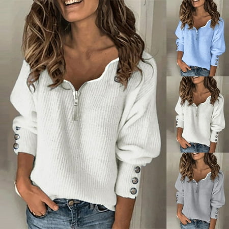 

Yinreli V Neck Long Sleeve Knitted Top Women Buttons Cuff Ribbing Autumn Blouse Streetwear