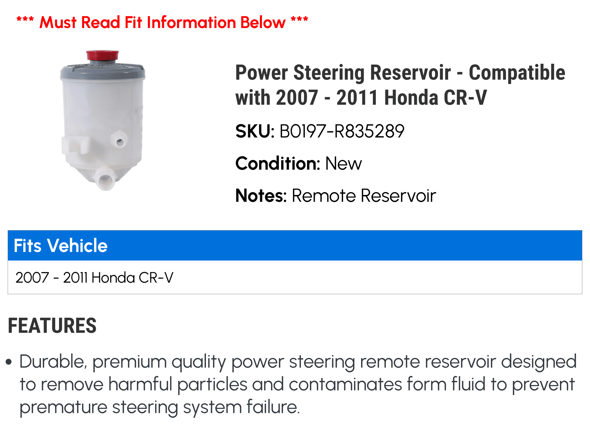 Power Steering Reservoir - Compatible with 2007 - 2011 Honda CR-V 2008 2009 2010