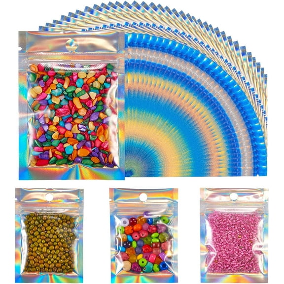 100 Pcs Transparent Zip Lock Mylar Bags Plastic Laser Bags Resealable Smell Proof Bags for Food Beads Jewelry Storage (10x7cm)