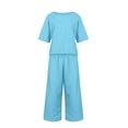 thumbnail image 5 of JUNWELL Femmes 2 Pièce Lin Salon Ensemble Casual Baggy Solide Col Rond Manches Courtes Tops Pantalons Jambes Larges Tenues Survêtements, 5 of 5