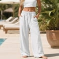 thumbnail image 6 of Linen Pants for Women Drawstring Waist Flowy Lounge Pant Wide Leg Dressy Palazzo Trousers with Pockets White M, 6 of 6