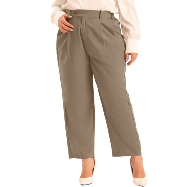 Conjuntos de trabajo de oficina para mujeres de tallas grandes Agnes Orinda, pantalones de negocios casuales de cintura alta y rectos con bolsillo 3X marrón