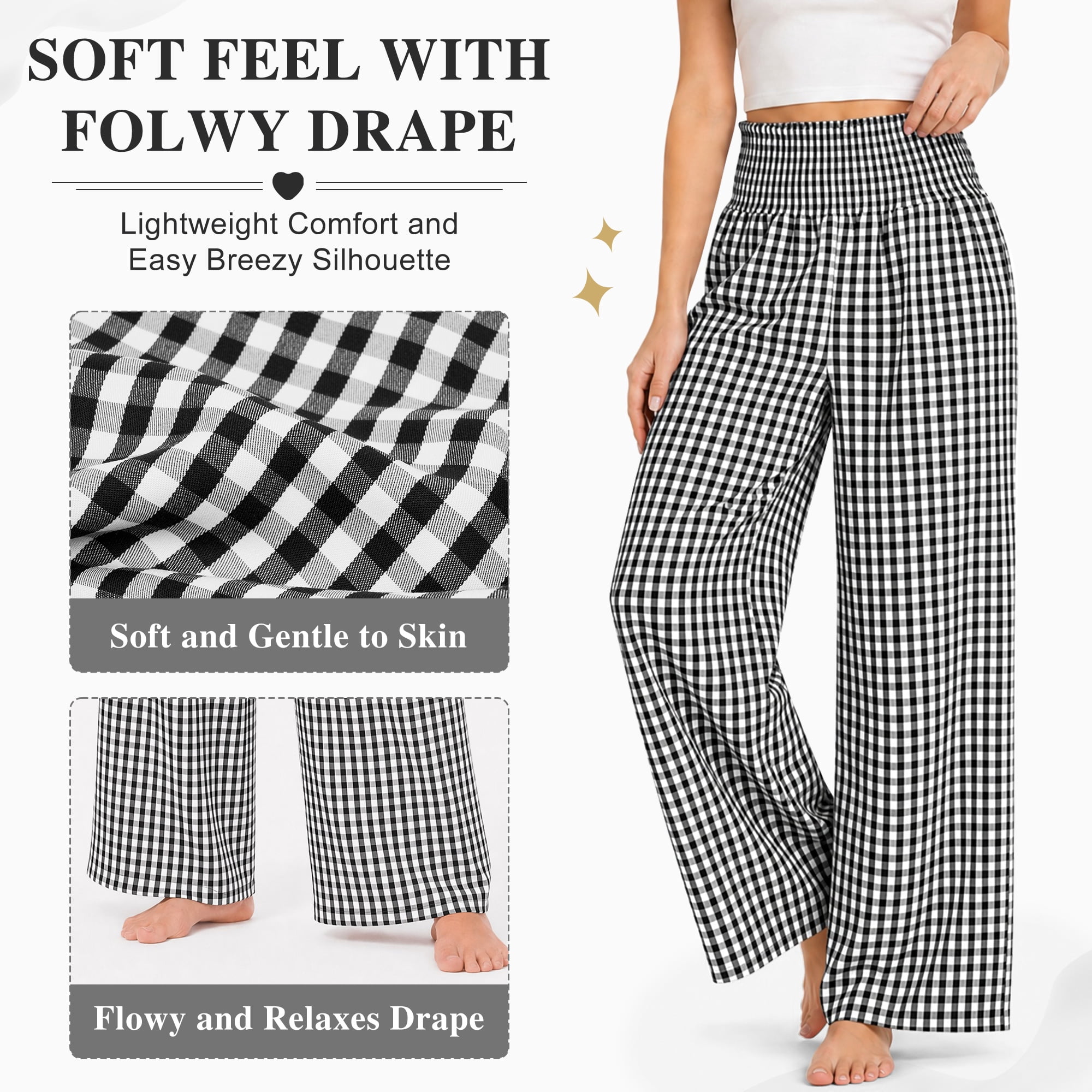 DAKIMOE Pajama Pants Women Palazzo Pants High Waisted Gingham Stripe Lounge Pants Wide Leg PJ Bottoms for Women Valentine's Day