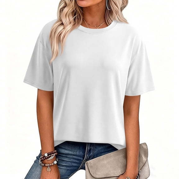 Short Sleeve T Shirts Womens Oversized Summer Crewneck Solid Color Tees Casual Basic Tops White L