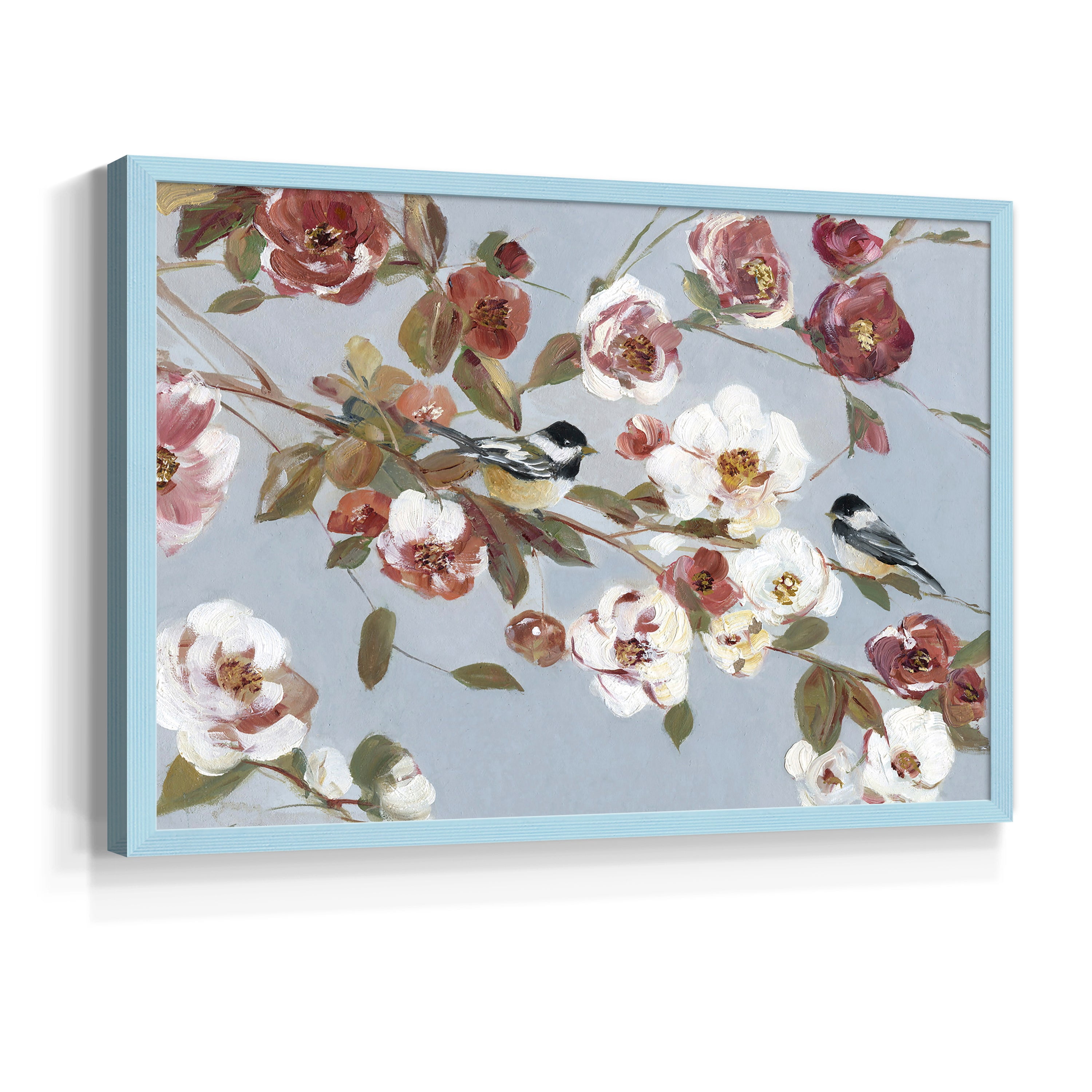 Chickadees and Blossoms II by Sally Swatland - Restickable Framed Giclée Print