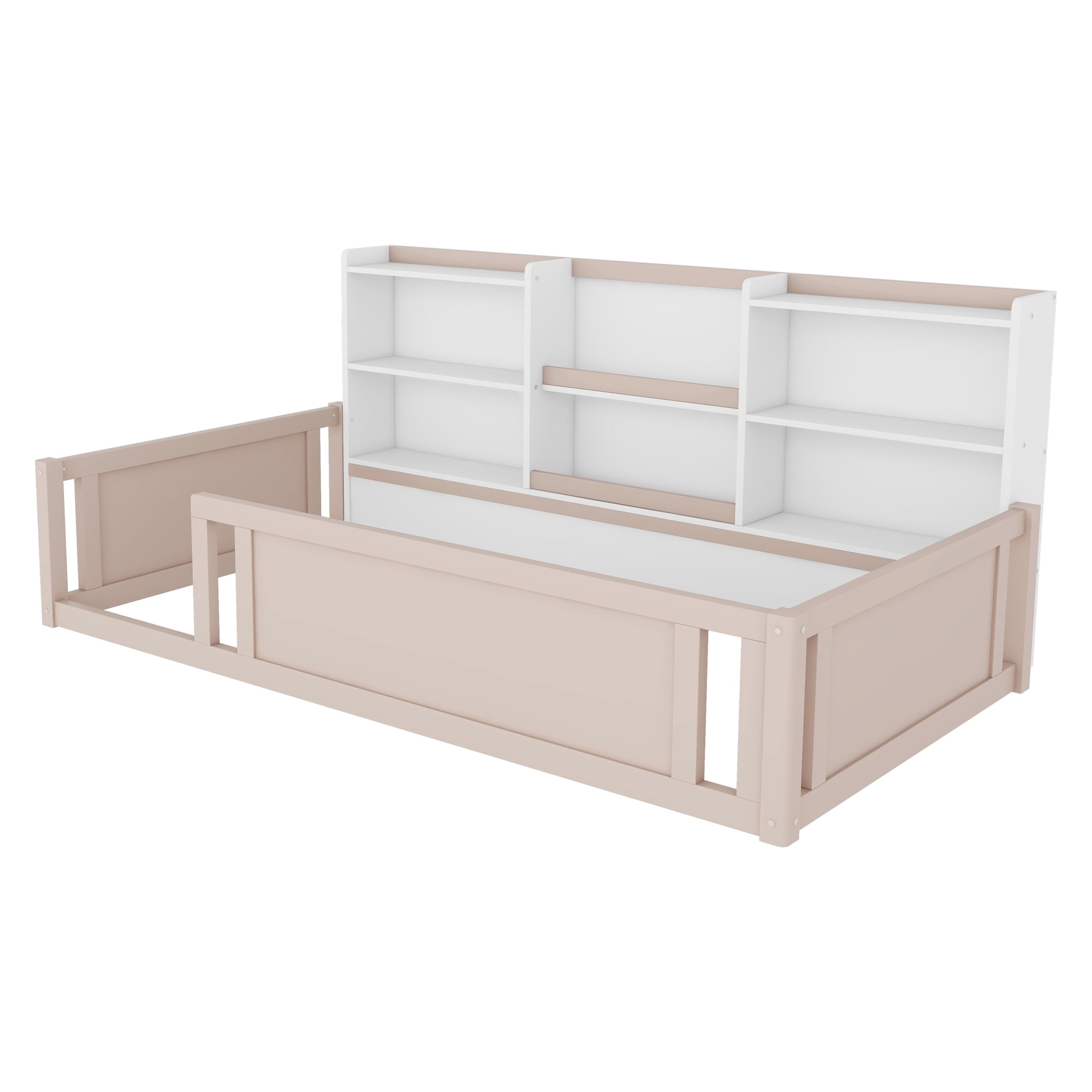 Mintazer Twin Size Montessori Floor Bed with Bookcase Headboard & Guardrails, Kids Platform Bed Frame with 6 Cubby Storage Shelves for Bedroom, White & Natural