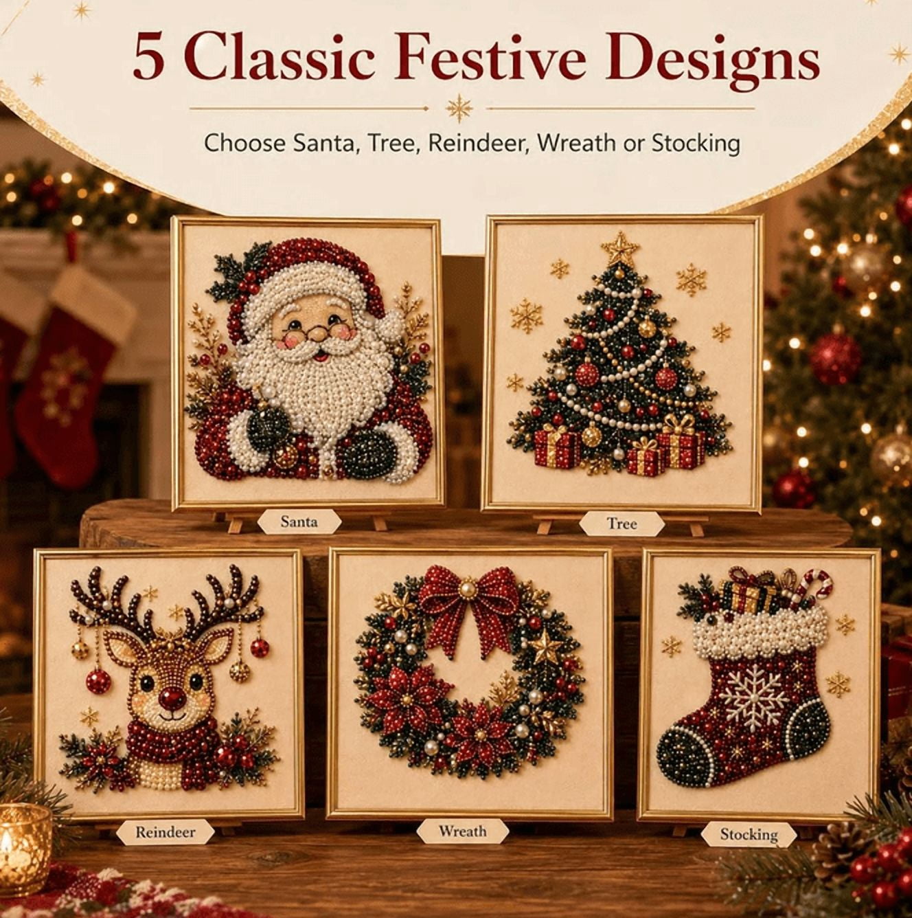 Christmas Pearl Art Kit, 3D Pearl Diamond Art Kits for Adults DIY | DIY Pearl Art Kit with Shimmering Pearl Beads, Complete Tools Included, 5 Christmas Designs for Seasonal Home Decor, Gifts