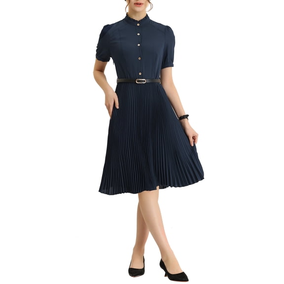 INSPIRE CHIC Women's Half Placket Shirt Dress Short Sleeve Ruffle Stand Neck Pleated Midi Dresses with Belt XS Navy Blue