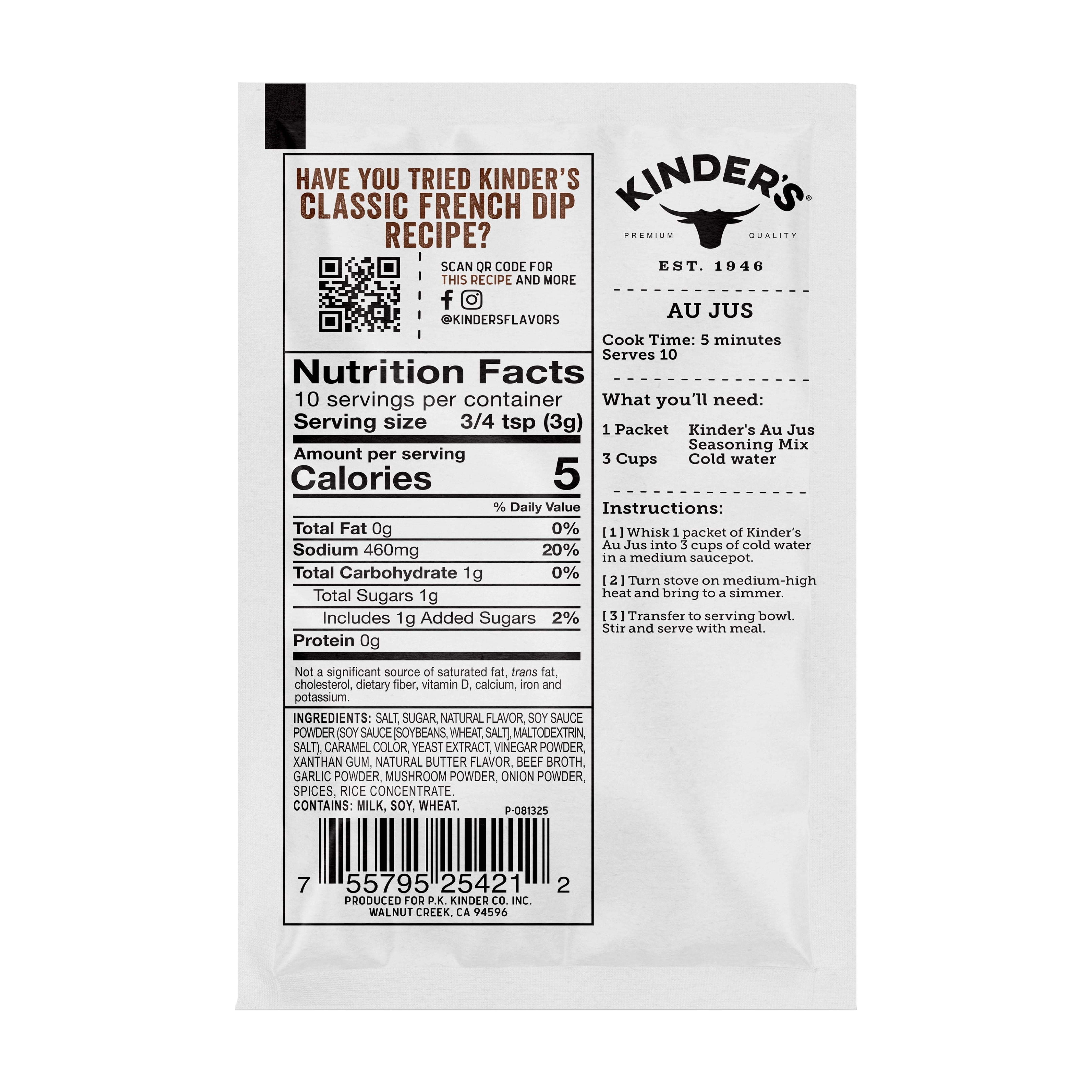 (5 pack) Kinder's Au Jus Bone Broth Gravy Mix, 1.1 oz Packet