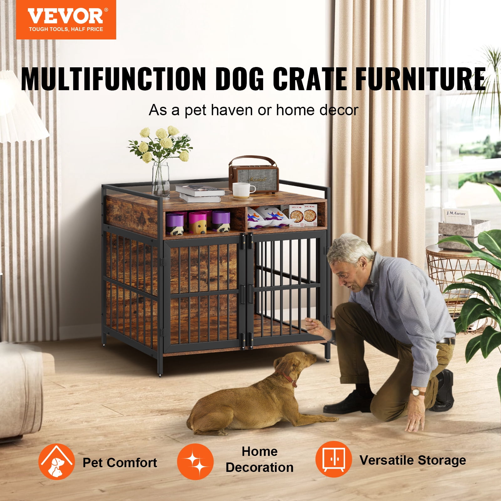 KFFKFF Dog Crate Furniture 41" Wooden Dog Crate with Double Doors & Storage Cubes