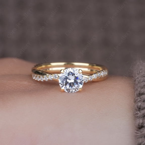 Cora Jewellery Twisted Shank 1.0CT Round Moissanite Engagement Ring for Women, 10K Yellow Gold, 5 US