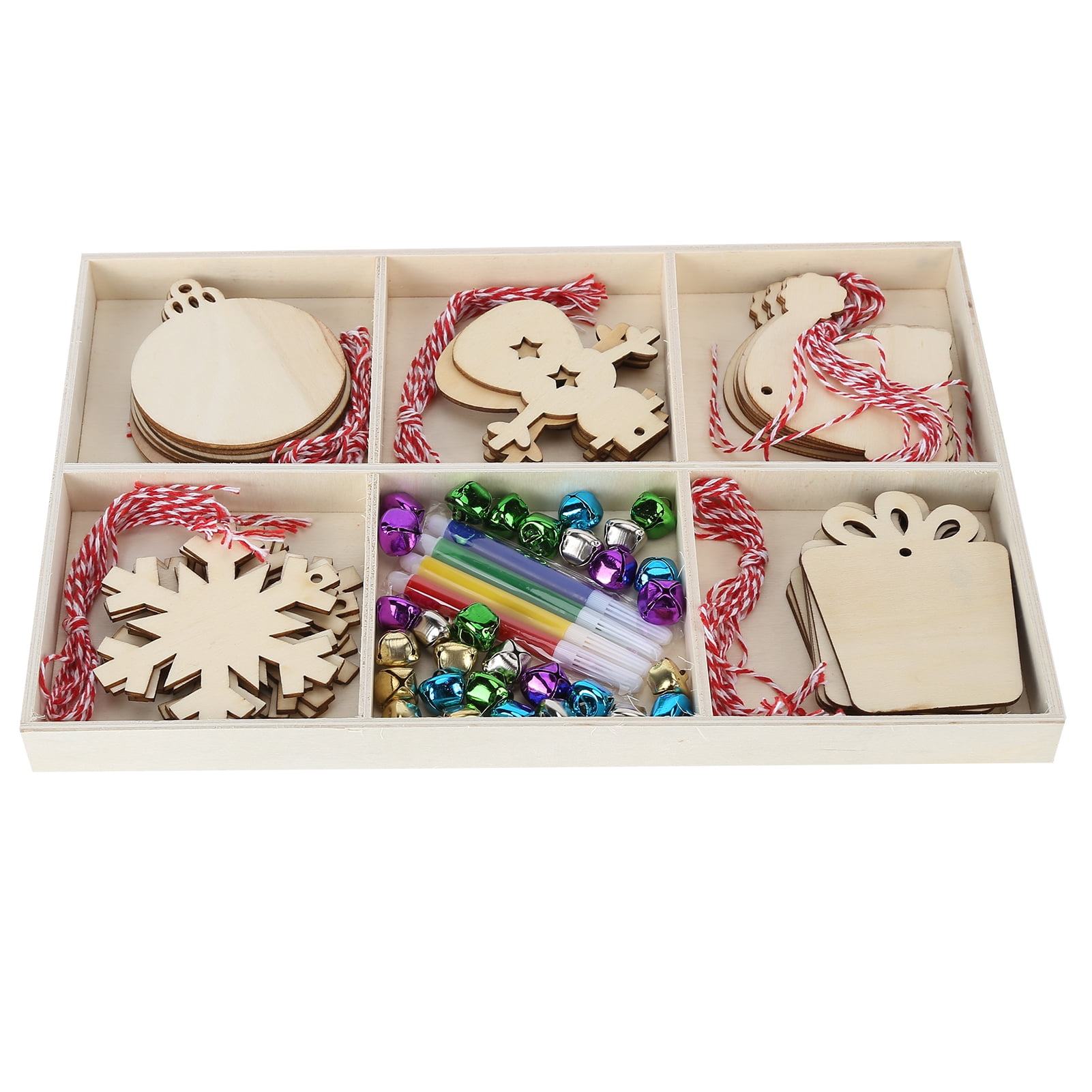 YAHHU Unfinished Wood Christmas Tree Ornaments DIY Craft Kit Wooden Slices Hanging Pendants with Bells Ropes Color Pens for Holiday Home Decoration (12.2 inches / 31 cm)