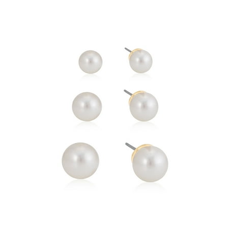 12mm White Faux Pearl Earrings - TAZZA WOMEN'S SET OF 3 GOLD CREAM FAUX PEARL STUD EARRINGS